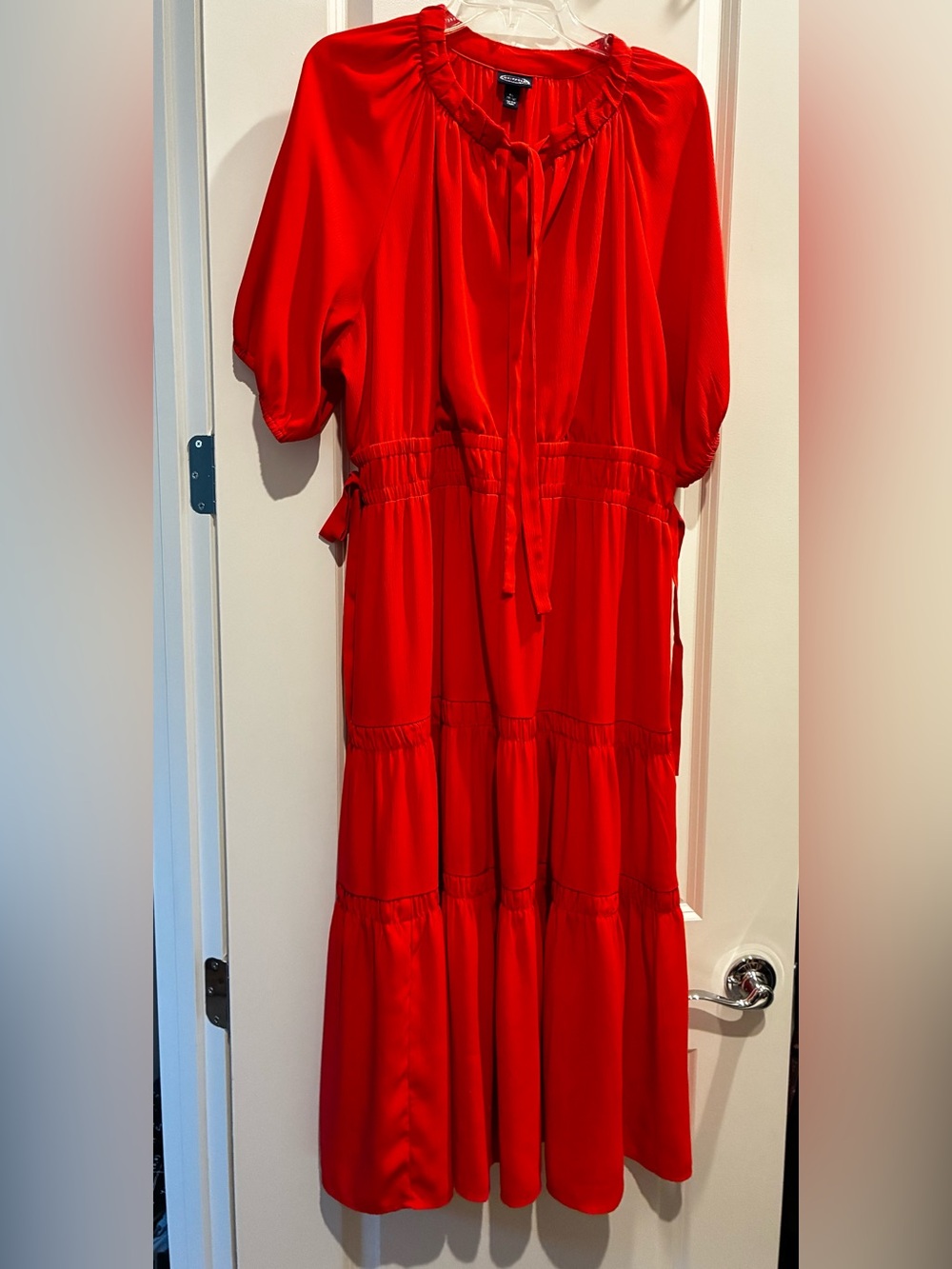 Scoop Red Coral Tiered Midi Dress with Tie Waist XL